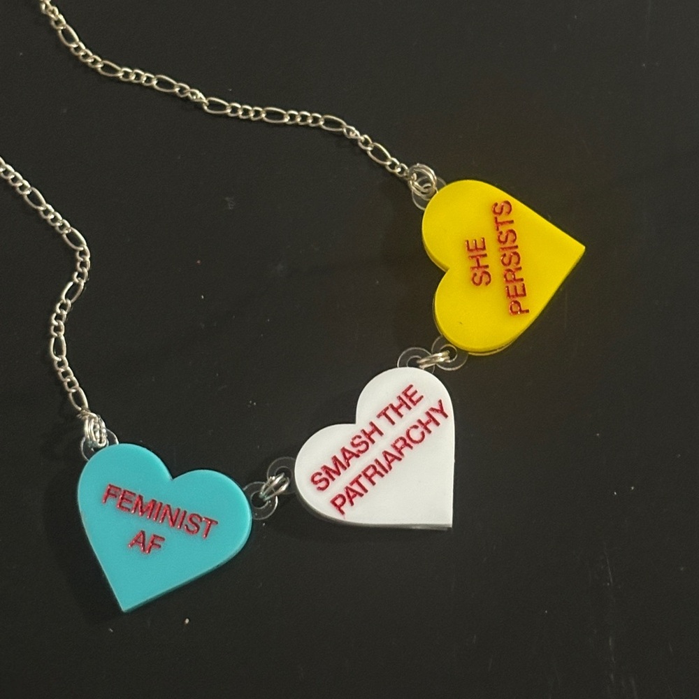 Feminist Resistance Heart Pendant Necklace in Yellow, Blue, and White